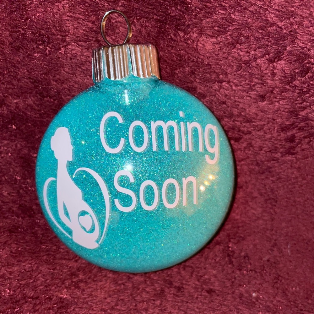 Light blue glitter coming soon ornament